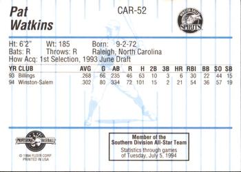 1994 Fleer ProCards Carolina League All-Stars #CAR-52 Pat Watkins Back
