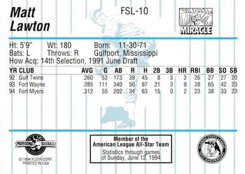 1994 Fleer ProCards Florida State League All-Stars #FSL-10 Matt Lawton Back