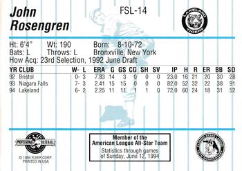 1994 Fleer ProCards Florida State League All-Stars #FSL-14 John Rosengren Back