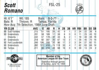 1994 Fleer ProCards Florida State League All-Stars #FSL-25 Scott Romano Back