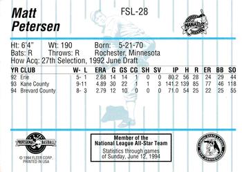 1994 Fleer ProCards Florida State League All-Stars #FSL-28 Matt Petersen Back