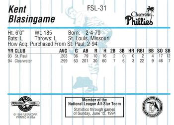 1994 Fleer ProCards Florida State League All-Stars #FSL-31 Kent Blasingame Back