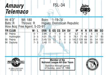 1994 Fleer ProCards Florida State League All-Stars #FSL-34 Amaury Telemaco Back