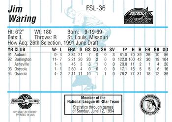 1994 Fleer ProCards Florida State League All-Stars #FSL-36 Jim Waring Back