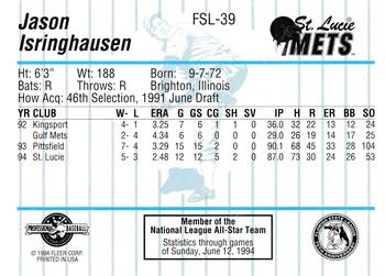 1994 Fleer ProCards Florida State League All-Stars #FSL-39 Jason Isringhausen Back