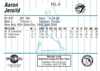 1994 Fleer ProCards Florida State League All-Stars #FSL-6 Aaron Jersild Back