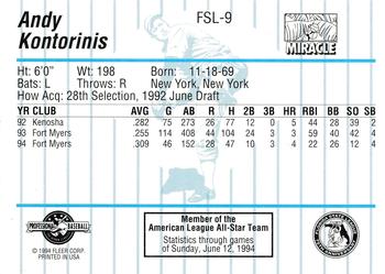 1994 Fleer ProCards Florida State League All-Stars #FSL-9 Andy Kontorinis Back