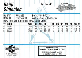1994 Fleer ProCards Midwest League All-Stars #MDW-41 Benji Simonton Back
