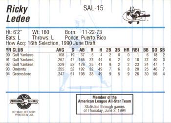 1994 Fleer ProCards South Atlantic League All-Stars #SAL-15 Ricky Ledee Back