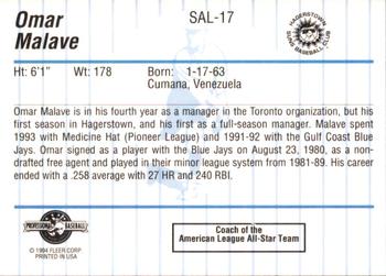 1994 Fleer ProCards South Atlantic League All-Stars #SAL-17 Omar Malave Back