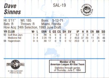 1994 Fleer ProCards South Atlantic League All-Stars #SAL-19 Dave Sinnes Back