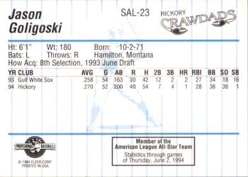1994 Fleer ProCards South Atlantic League All-Stars #SAL-23 Jason Goligoski Back