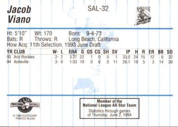 1994 Fleer ProCards South Atlantic League All-Stars #SAL-32 Jacob Viano Back