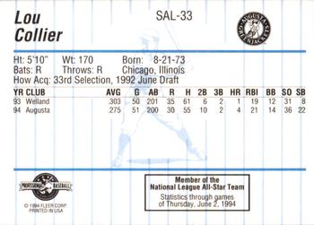1994 Fleer ProCards South Atlantic League All-Stars #SAL-33 Lou Collier Back