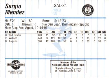 1994 Fleer ProCards South Atlantic League All-Stars #SAL-34 Sergio Mendez Back