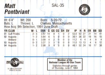 1994 Fleer ProCards South Atlantic League All-Stars #SAL-35 Matt Pontbriant Back