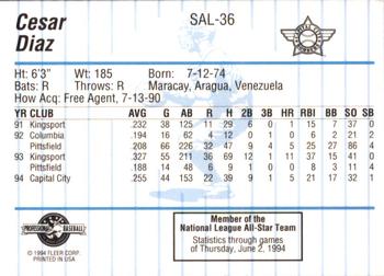 1994 Fleer ProCards South Atlantic League All-Stars #SAL-36 Cesar Diaz Back