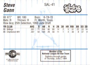 1994 Fleer ProCards South Atlantic League All-Stars #SAL-41 Steve Gann Back