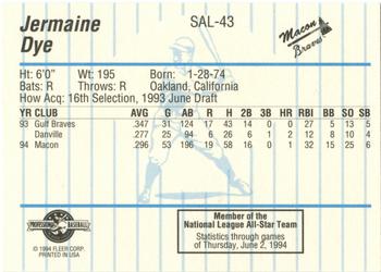 1994 Fleer ProCards South Atlantic League All-Stars #SAL-43 Jermaine Dye Back