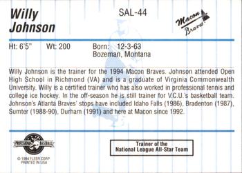 1994 Fleer ProCards South Atlantic League All-Stars #SAL-44 Willy Johnson Back