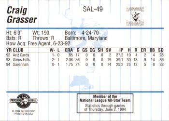 1994 Fleer ProCards South Atlantic League All-Stars #SAL-49 Craig Grasser Back