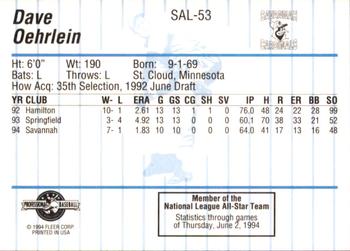 1994 Fleer ProCards South Atlantic League All-Stars #SAL-53 Dave Oehrlein Back