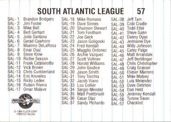 1994 Fleer ProCards South Atlantic League All-Stars #SAL-57 Checklist Back
