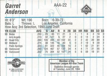 1994 Fleer ProCards Triple A All-Stars #AAA22 Garret Anderson Back