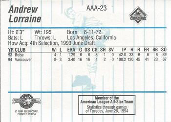 1994 Fleer ProCards Triple A All-Stars #AAA23 Andrew Lorraine Back