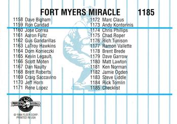 1994 Fleer ProCards #1185 Fort Myers Miracle Checklist Back