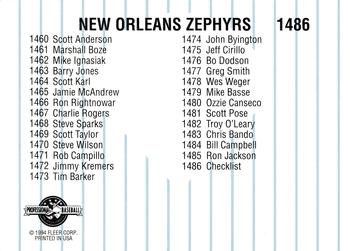 1994 Fleer ProCards #1486 New Orleans Zephyrs Checklist Back