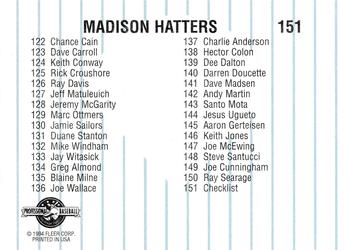 1994 Fleer ProCards #151 Madison Hatters Checklist Back