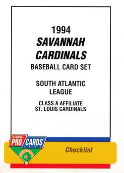 1994 Fleer ProCards #1882 Savannah Cardinals Checklist Front