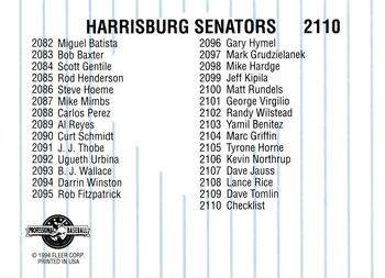 1994 Fleer ProCards #2110 Harrisburg Senators Checklist Back