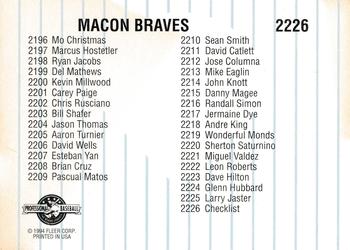 1994 Fleer ProCards #2226 Macon Braves Checklist Back