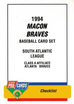 1994 Fleer ProCards #2226 Macon Braves Checklist Front