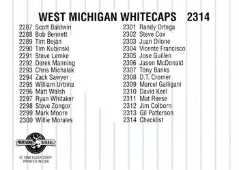 1994 Fleer ProCards #2314 West Michigan Whitecaps Checklist Back