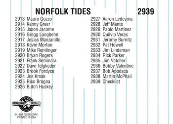 1994 Fleer ProCards #2939 Norfolk Tides Checklist Back