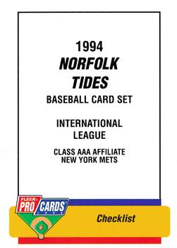 1994 Fleer ProCards #2939 Norfolk Tides Checklist Front