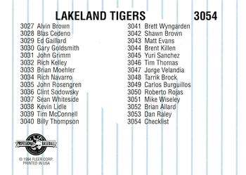 1994 Fleer ProCards #3054 Lakeland Tigers Checklist Back