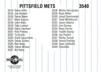 1994 Fleer ProCards #3540 Pittsfield Mets Checklist Back