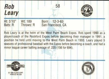 1994 Fleer ProCards #58 Rob Leary Back