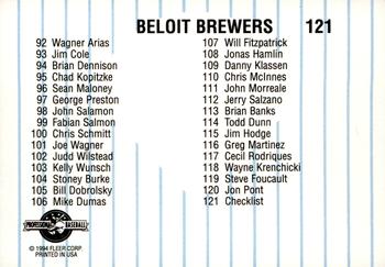 1994 Fleer ProCards #121 Beloit Brewers Checklist Back