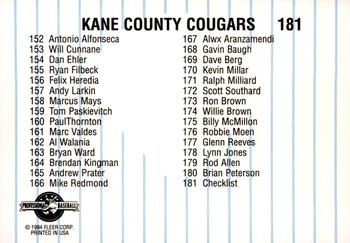 1994 Fleer ProCards #181 Kane County Cougars Checklist Back
