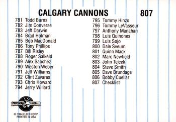 1994 Fleer ProCards #807 Calgary Cannons Checklist Back