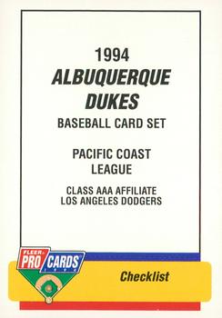 1994 Fleer ProCards #861 Albuquerque Dukes Checklist Front