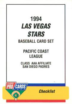 1994 Fleer ProCards #886 Las Vegas Stars Checklist Front