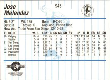 1994 Fleer ProCards #945 Jose Melendez Back