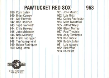 1994 Fleer ProCards #963 Pawtucket Red Sox Checklist Back