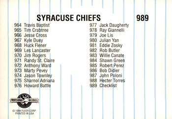 1994 Fleer ProCards #989 Syracuse Chiefs Checklist Back